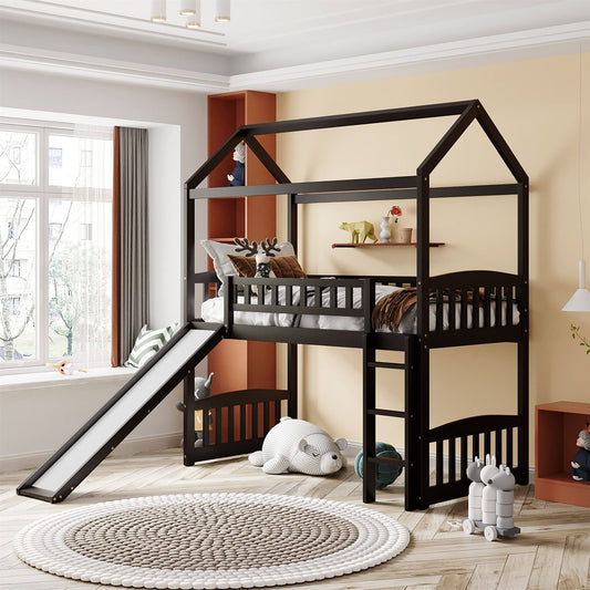 Bright Designs Twin Loft Bed With Slide And Ladder, House Loft Beds With Roof And Guardrail For Kids, Toddlers, Teens (Twin Size, Gray)