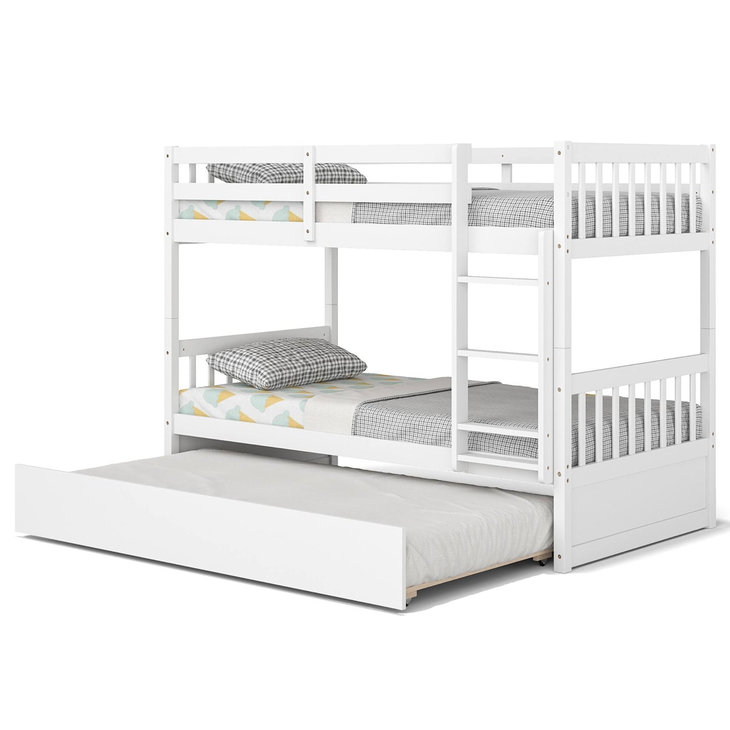 Twin Over Twin Bunk Bed With Twin Trundle Solid Wood Frame White