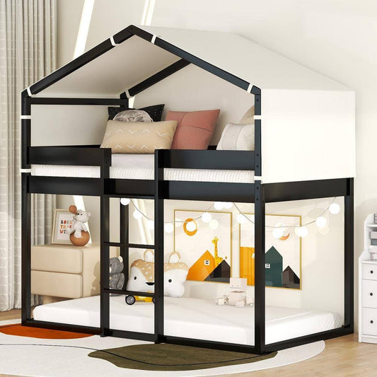 Twin Over Twin Wood House Bunk Bed With Removeable Tent