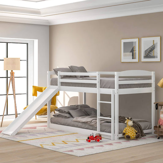 Twin Over Twin Low Bunk Bed With Slide For Kids Solid Wood Bun