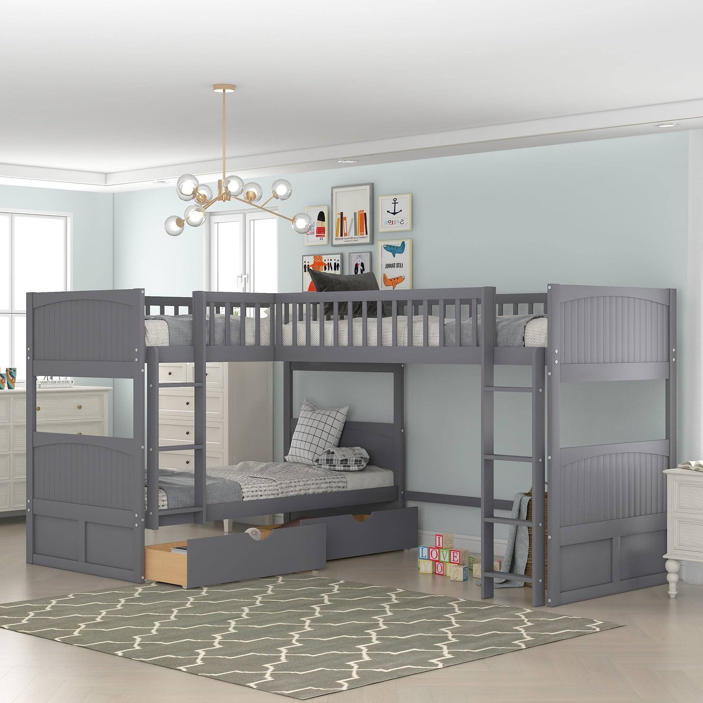 Wood Bunk Bed Storage, Twin-Over-Twin-Over-Twin For Childrens Room, Gray, Size: Large