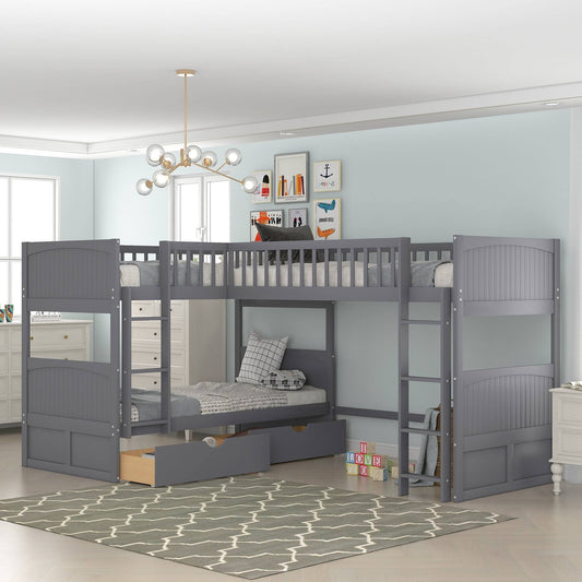 Wood Bunk Bed Storage, Twin-Over-Twin-Over-Twin For Childrens Room, Gray, Size: Large