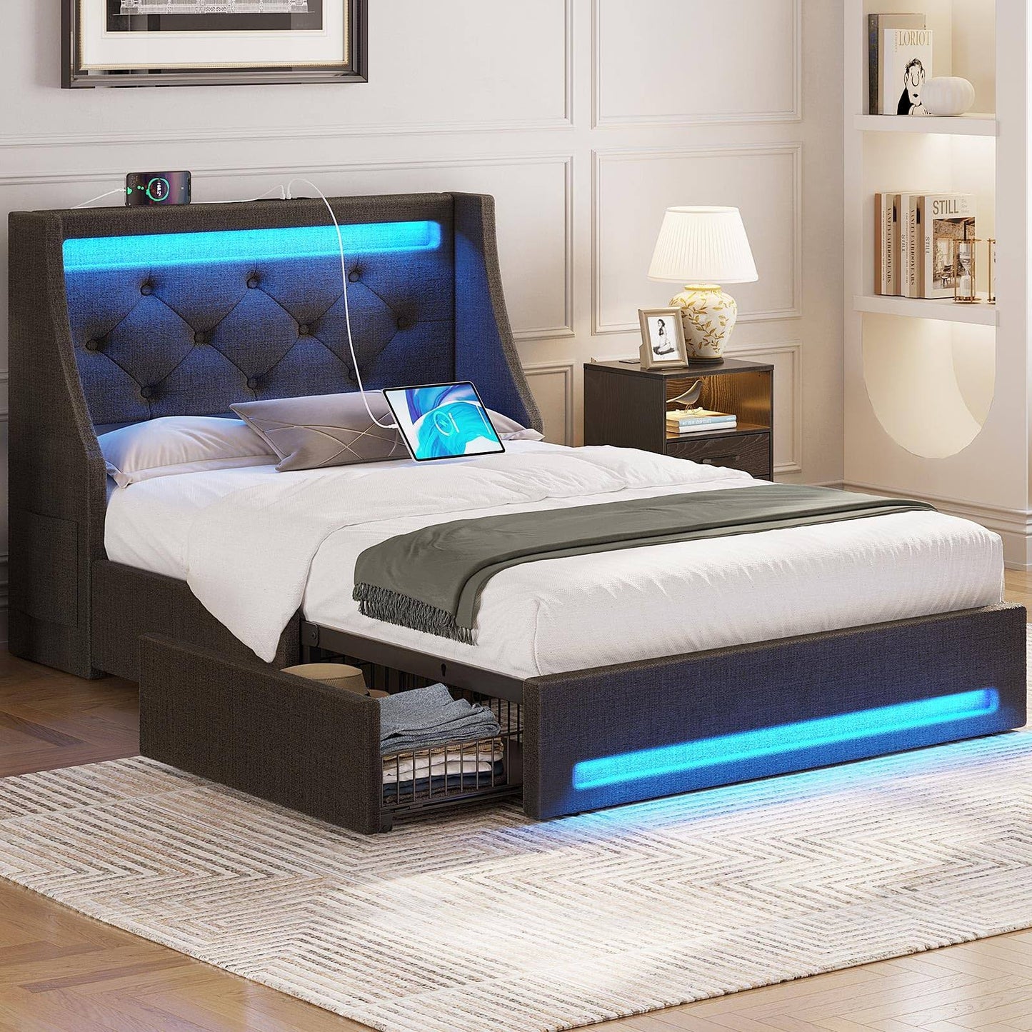 Twin Bed Frame With 4 Storage Drawers, Charging Station And Led Lights, Upholstered Platform Bed With Heavy Duty Wooden Slats, No Box