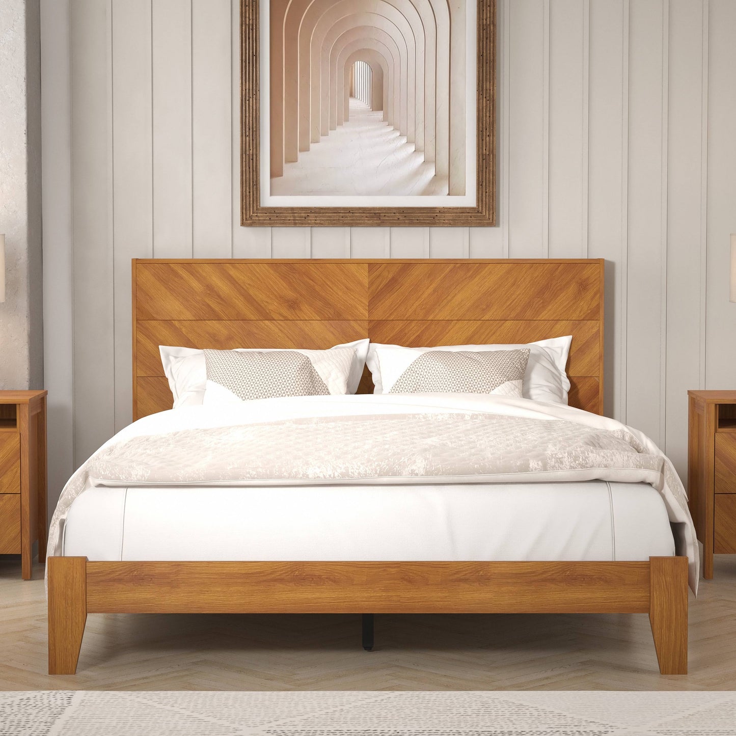 Amber Walnut Wood Frame Queen Bed With Headboard