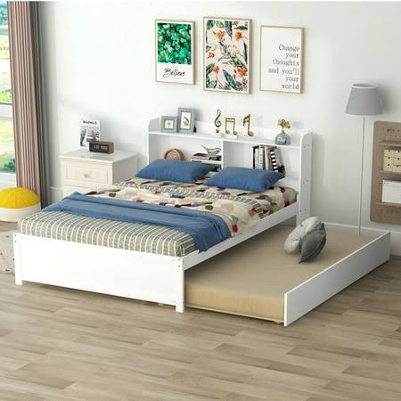 Twin Bed With Twin Trundle And Bookcase Headboard, Wooden Twin Size Platform Bed With Storage Shelves For Kids Teens Adults (White), Size: