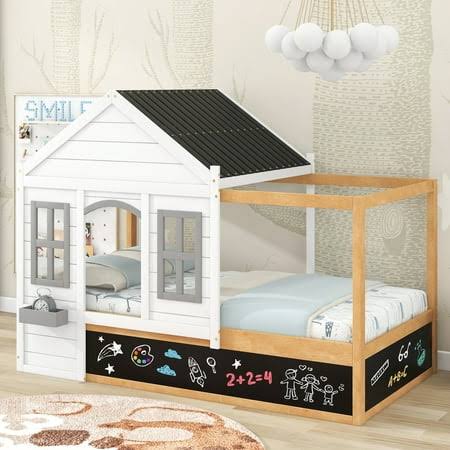 Twin House Beds With Chalkboard, Wood 4 Poster Canopy Bed For Kids, Twin Size Montessori Bed Playhouse Cabin Bed Frame For Girls Boys