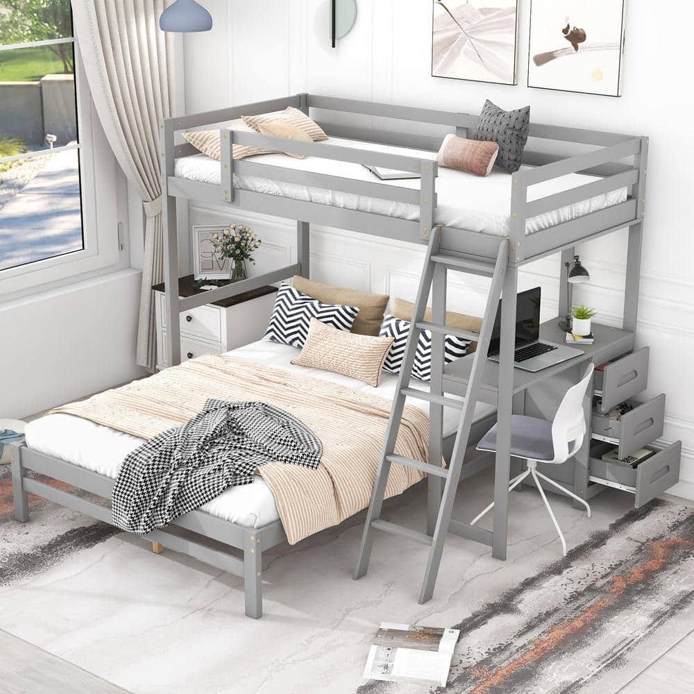 Bright Designs Gray Twin Over Full Wooden Bunk Bed With Built-In Desk, 3 Drawers And Ladder