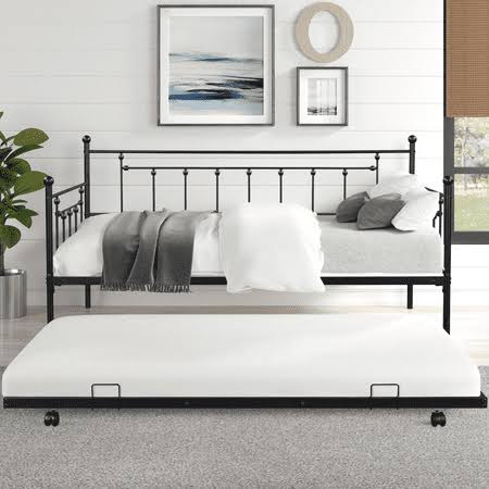 Twin Daybed With Trundle Included, Metal Daybed Frame With Pull Out Trundle Bed, No Box Spring Needed, Twin Size Daybed Sofa Bed For Kids Room