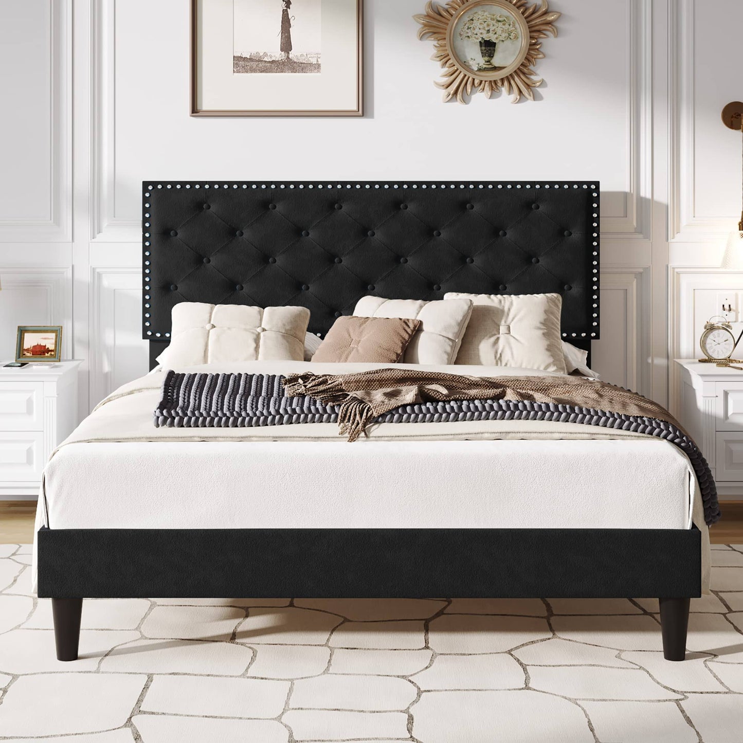 Cerlin Queen Size Velvet Upholstered Bed Frame With Adjustable Diamond Button Tufted Headboard, Rivet Ornament, Black