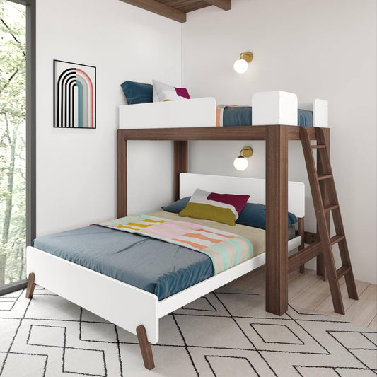 And Lily L-Shaped Twin Over Queen Bunk Bed With Ladder On End - White/Walnut