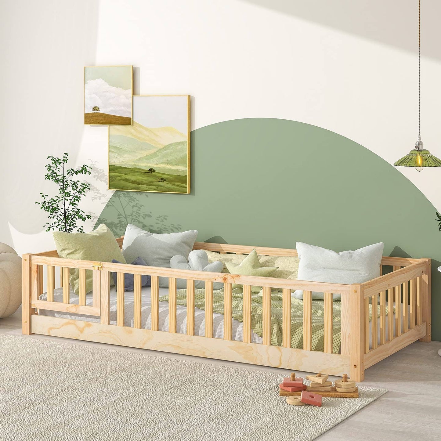 Twin Floor Bed With Safety Guardrails, Montessori Floor Bed For Kids, Wood Kids Floor Beds Frame, Entry Can Install Left And Right, Twin-Nature