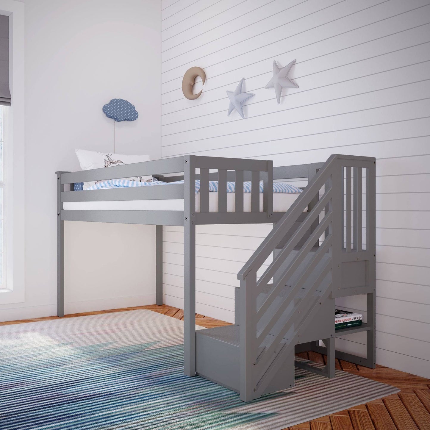 Twin-Size Low Loft With Stairs | Grey | Max & Lily