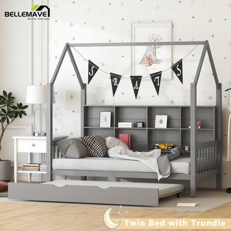 Twin House Bed With Trundle And Storage Shelves, Kids Playhouse Bed Frame For Girls & Boys, Toddler Montessori Bed (Gray), Size: Two Size