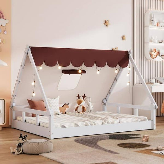 Style White And Brown Wood Frame Full Size Floor Bed Platform Bed With Linen Tent Cloth Fence And Roof