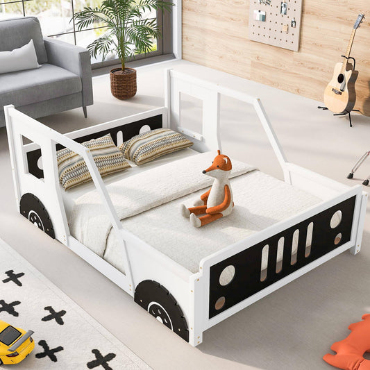 Bright Designs Car Bed Full Size Montessori Floor Bed Frame With Fence And Door, Solid Wood Full Platform Bed For Kids Boys Girls, No Box