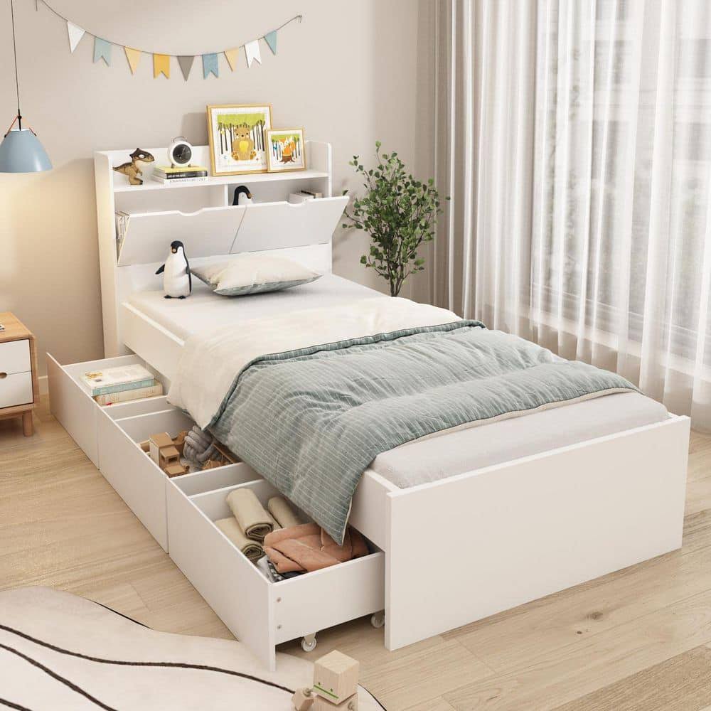 Wood Twin Size Bed Storage Bed With 3-Wheels Drawers And Headboard