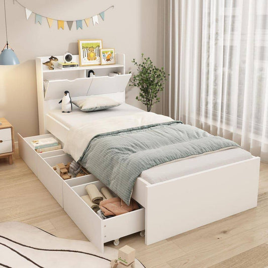 Wood Twin Size Bed Storage Bed With 3-Wheels Drawers And Headboard