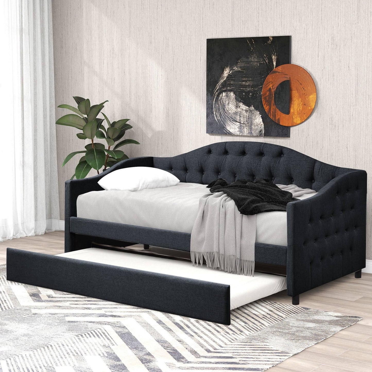 Upholstery Twin Size Daybed, Wood Tufted Daybed With Trundle Fo