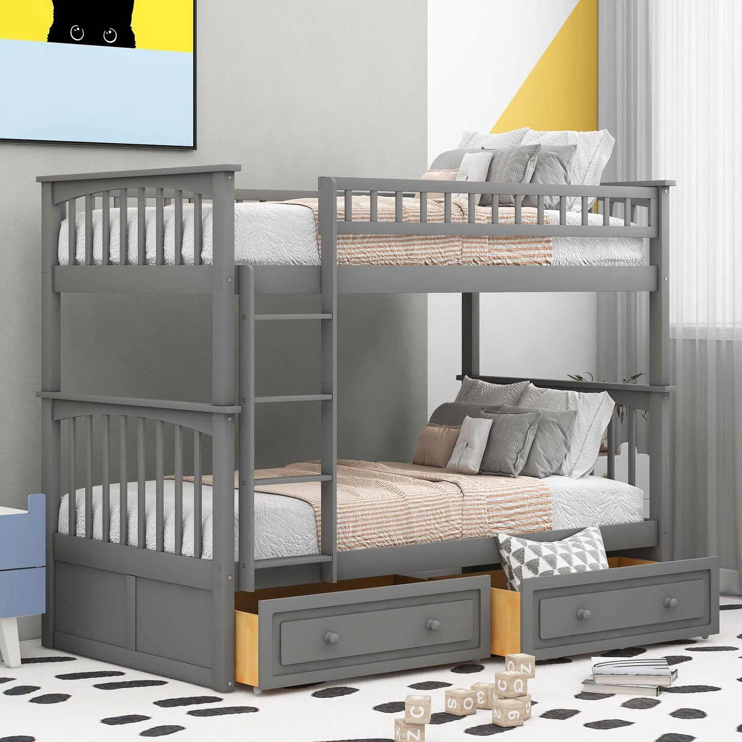 Bright Designs Bunk Beds Twin Over Twin, Twin Bunk Bed With Storage Drawers, Wooden Bunk Bed With Safety Rail Ladder,Can Be Convertible