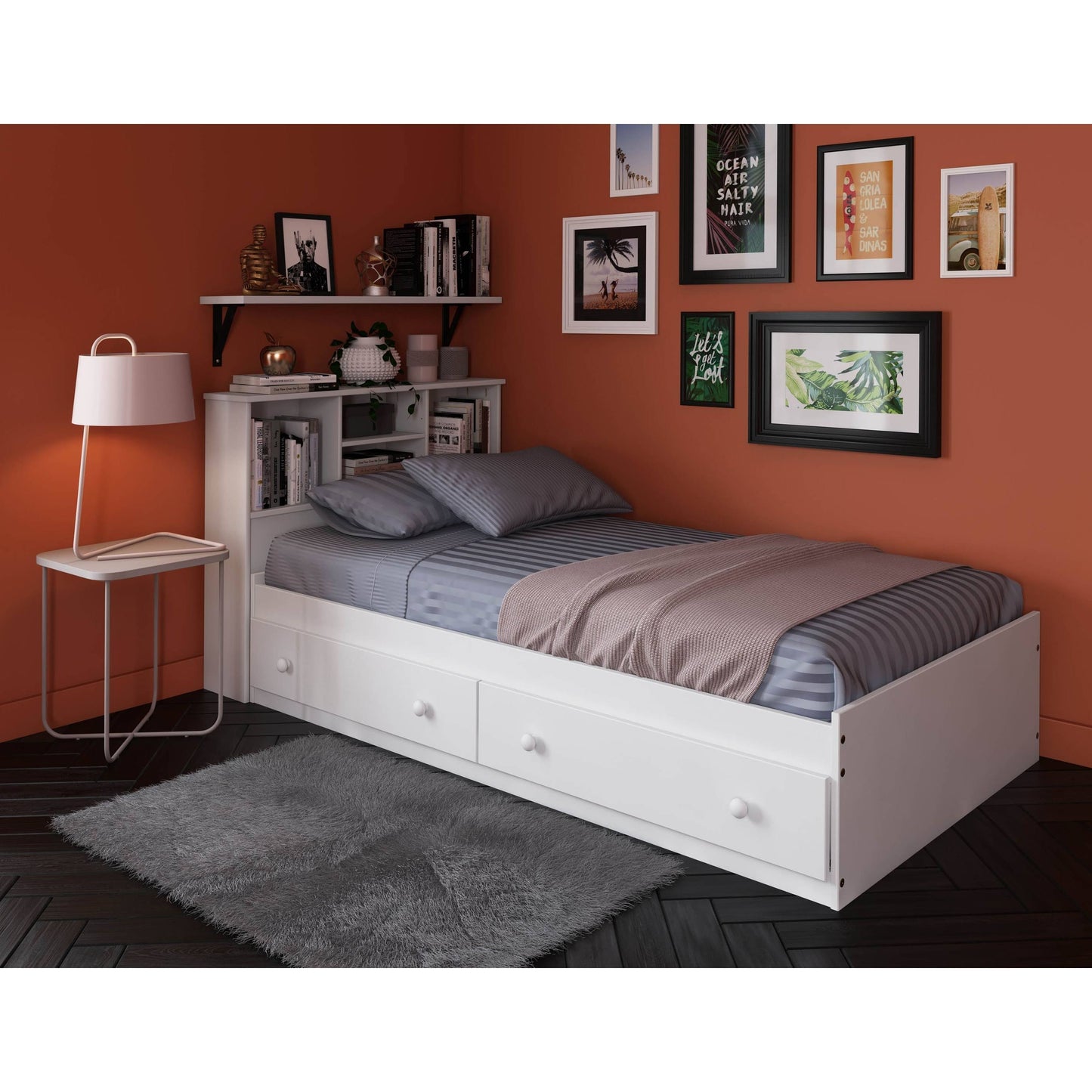 100% Solid Wood Twin Kansas Bookcase Headboard, White - 2531