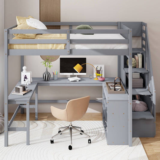 Wood Full Size Loft Bed With Desk Shelf And Storage Staircase For Kids Teens Adults Built-In Desk With Bookscase For Working Station No Box