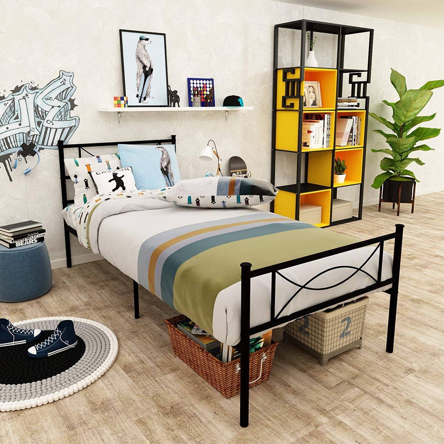 Twin Size Metal Platform Bed With Bowknot Headboards Easy Assembly