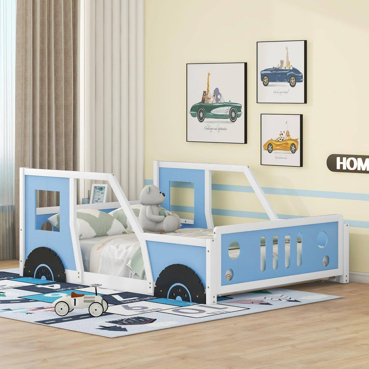 Car-Shaped Twin Size Wood Platform Bed For Kids Bedroom, Solid Car Bed For Kids Gift, Low Profile Floor Bed, Blue