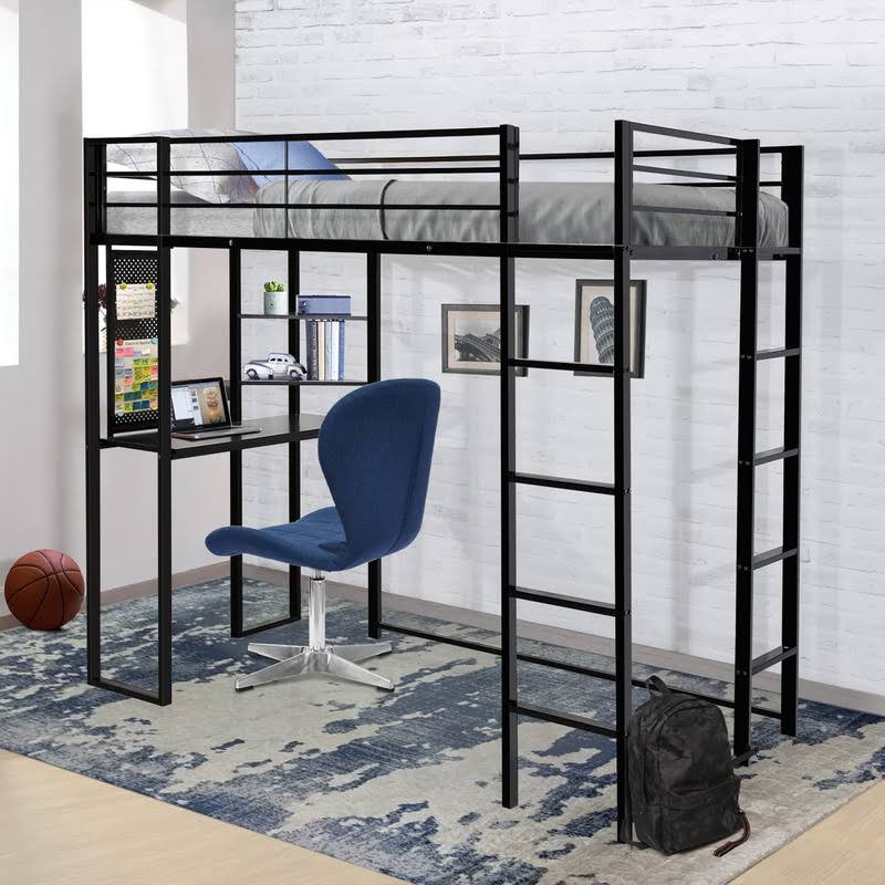 Twin Loft Bed With Desk And Shelves For Teens Adult,Loft Bed Frame With 2 Built-In Ladders,12.2 H Safety Guardrail,Noise Free,No Box Spring