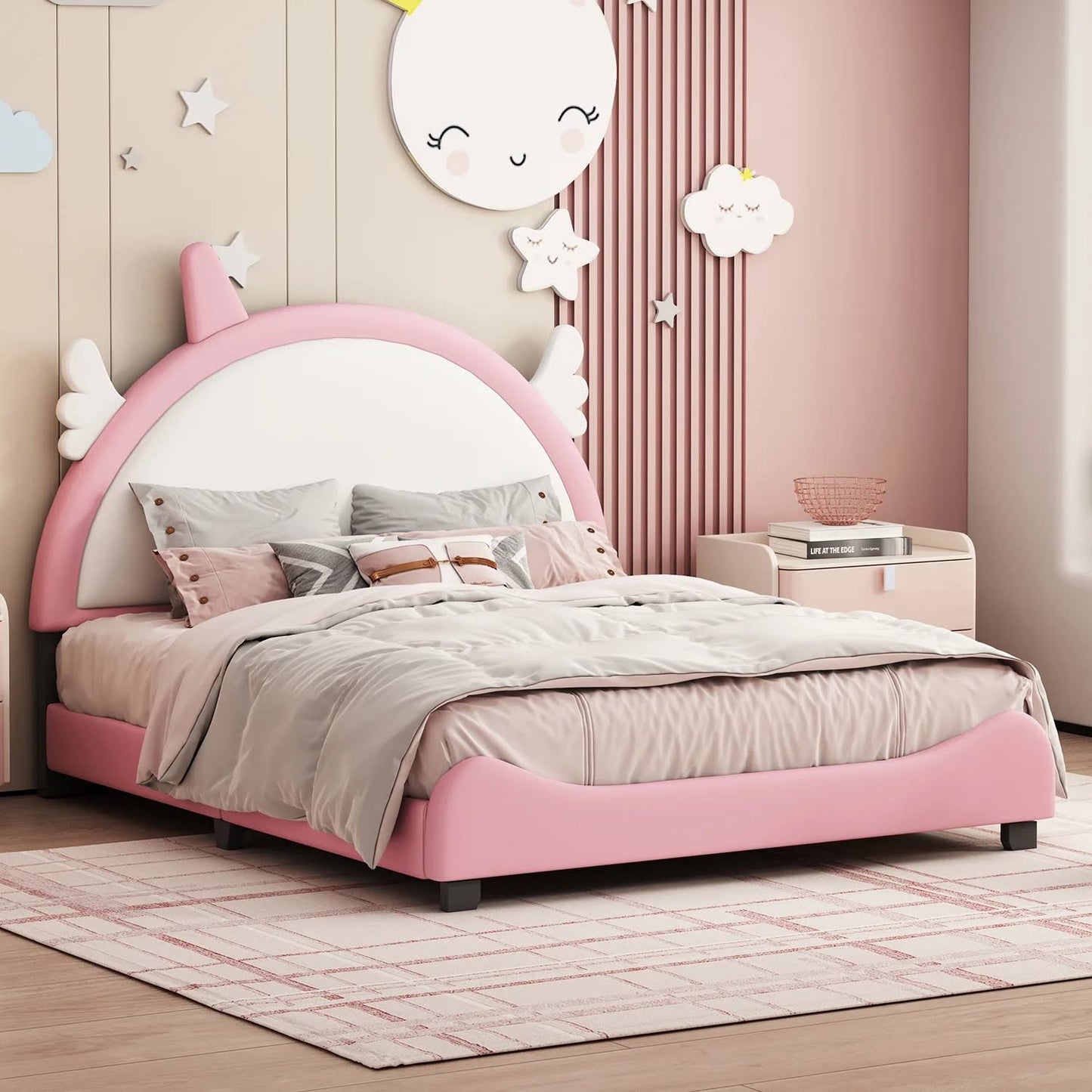 Twin Size Princess Bed With Crown Headboard,Pu Leather Pink Twin Platform Bed Frame For Kids Bedroom