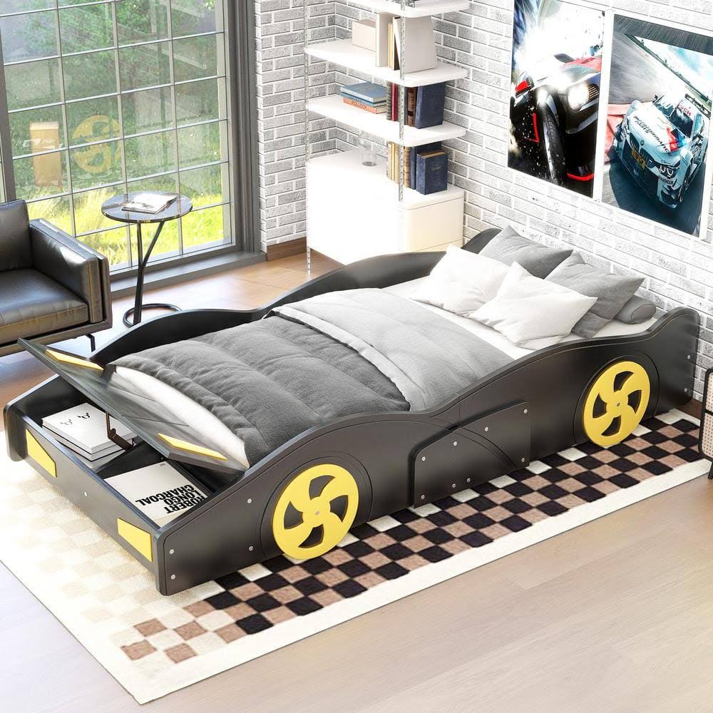 Wood Frame Full Size Race Car-Shaped Platform Bed With Yellow Wheels And Storage