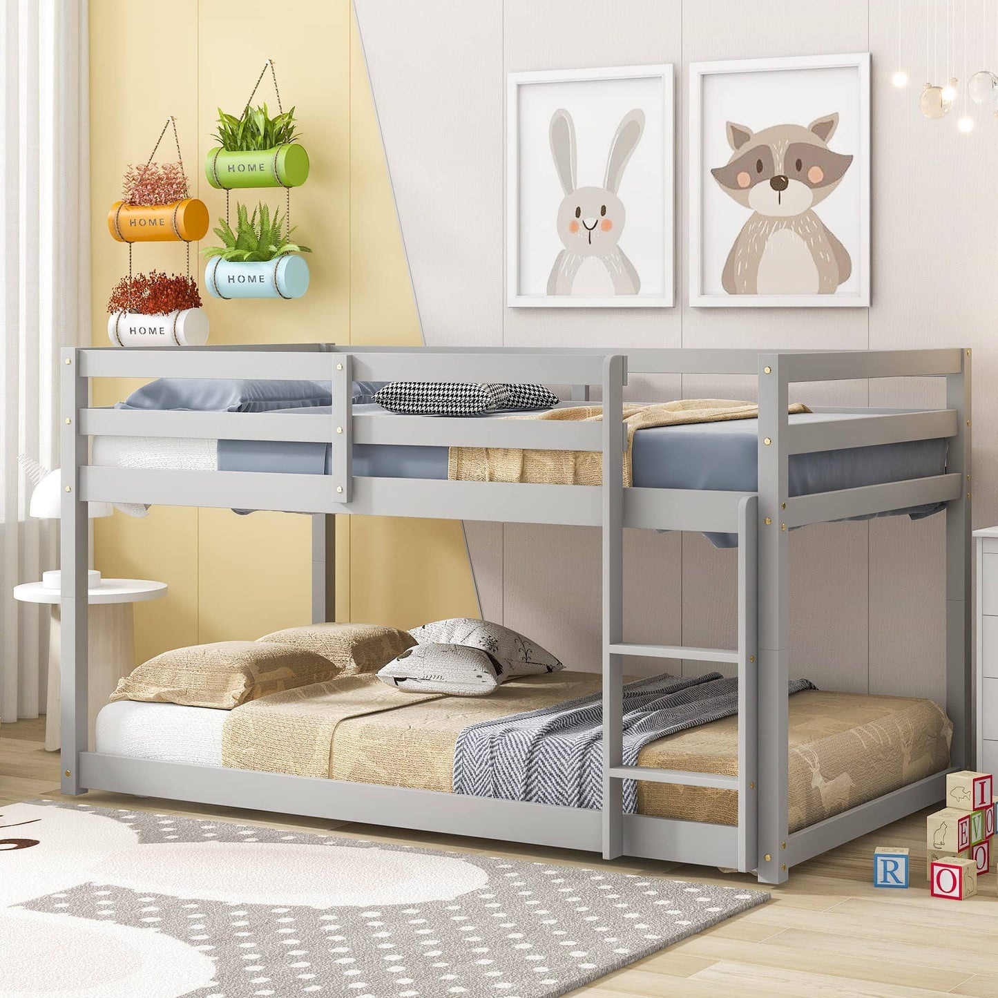 Twin Low Bunk Bed, Twin Loft Bed With Ladder For Boys And Girls, Wood Twin Over Twin Bunk Bed Frame With Full Length Guardrail, Multifunctiona