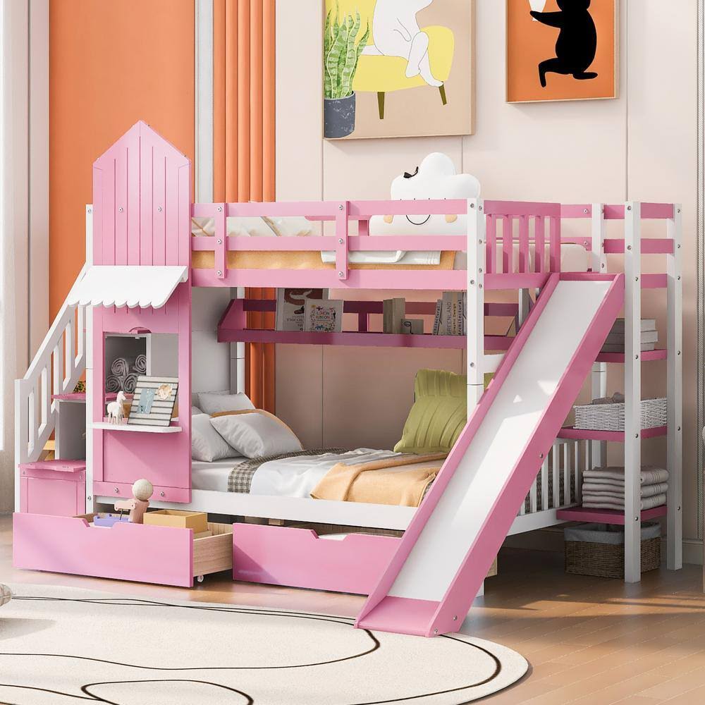 Twin Over Twin Castle Style Wood Bunk Bed With Storage Staircases, 2 Drawers, Shelves, And Slide