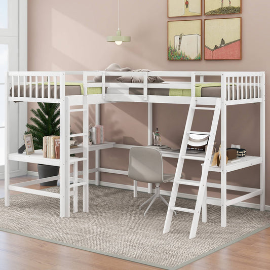 Twin Size L-Shaped Wood Triple Bunk Bed With 3 Storage Drawers, Gray