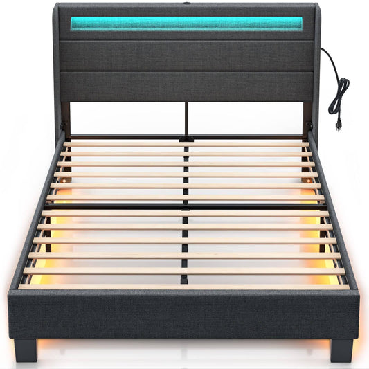 Bed Frame Twin Size With Headboard, Upholstered Platform Frame With Led Lights And Usb Ports, Motion Activated Night Light & Solid Wood