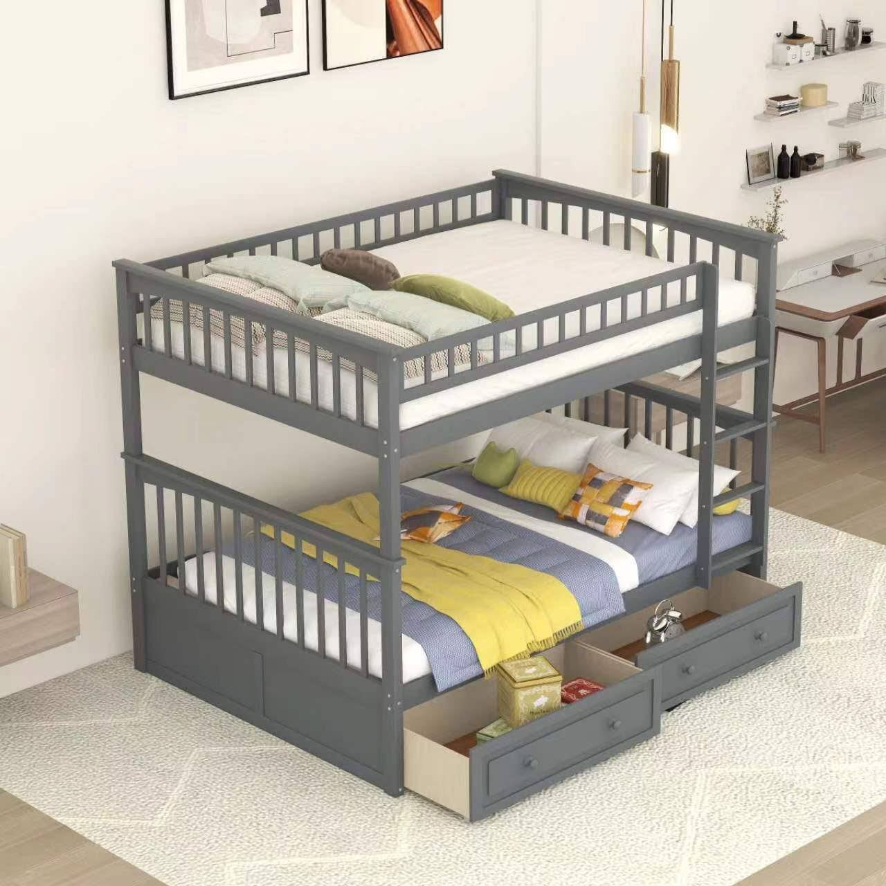 Bright Designs Full Over Full Wood Bunk Bed With Two Storage Drawers And Ladder, Convertible Storage Bunk Bed Can Be Divided Into Two Full