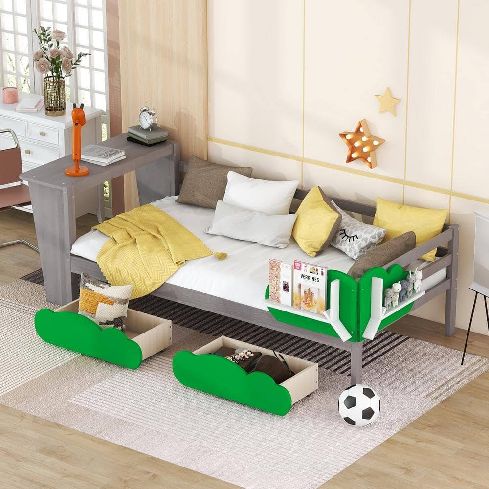 Twin Size Daybed With Desk Green Leaf Shape Drawers And Shelves