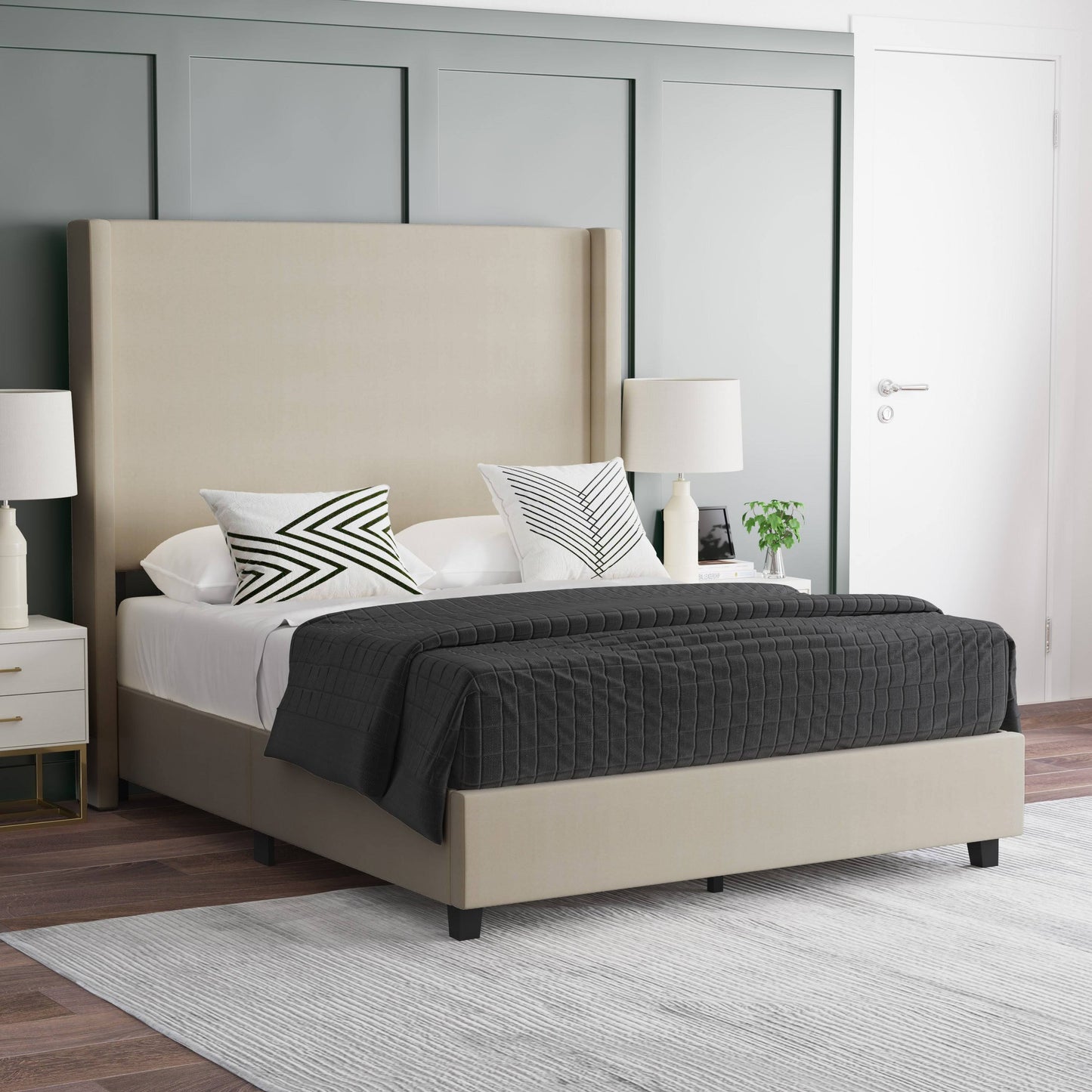 + Oliver Nora Queen Size Faux Linen Upholstered Platform Bed In Beige With Plush Padded Wingback Headboard And Wood Support Slats - No Box