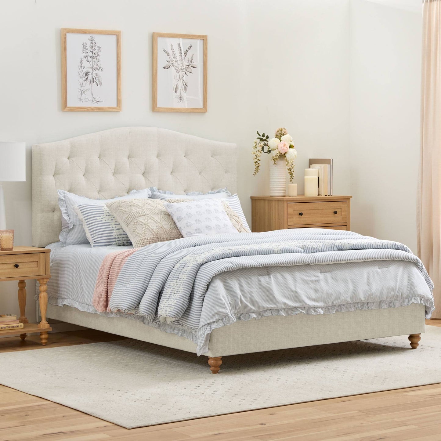 Texas House Anna Upholstered Diamond Tufted Platform Bed, Twin, Oat