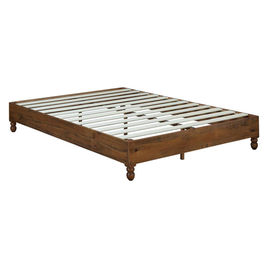 12 Inch Solid Wood Bed Frame With Turning Legs, Rustic Teak , King