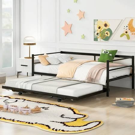 With Trundle Included, Full Size Metal Daybed Frame With Twin Size Trundle, Heavy Duty Extendable Daybed With Pop Up Trundle Bed, Portable