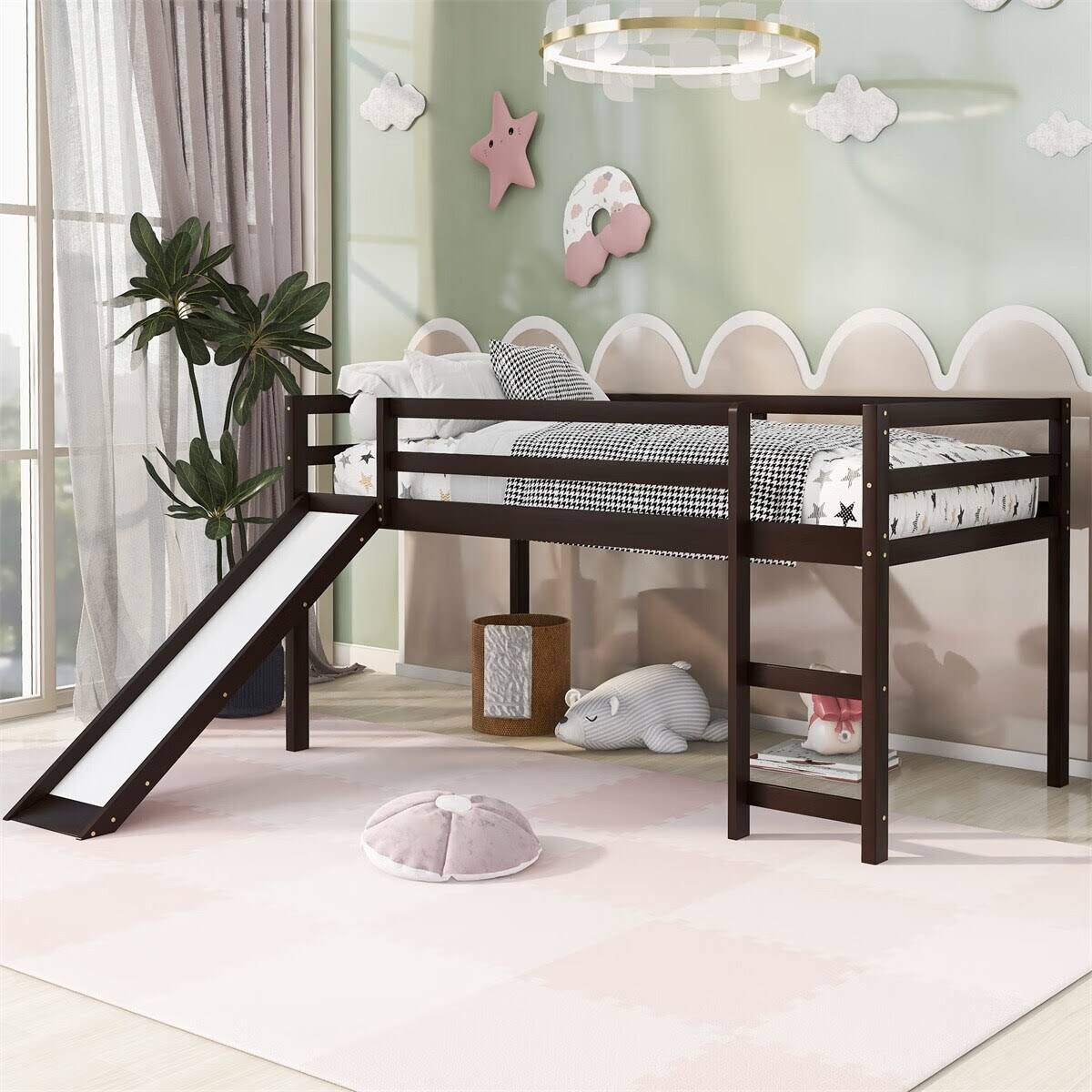 Twin Loft Bed With Slide, Ladder - Espresso