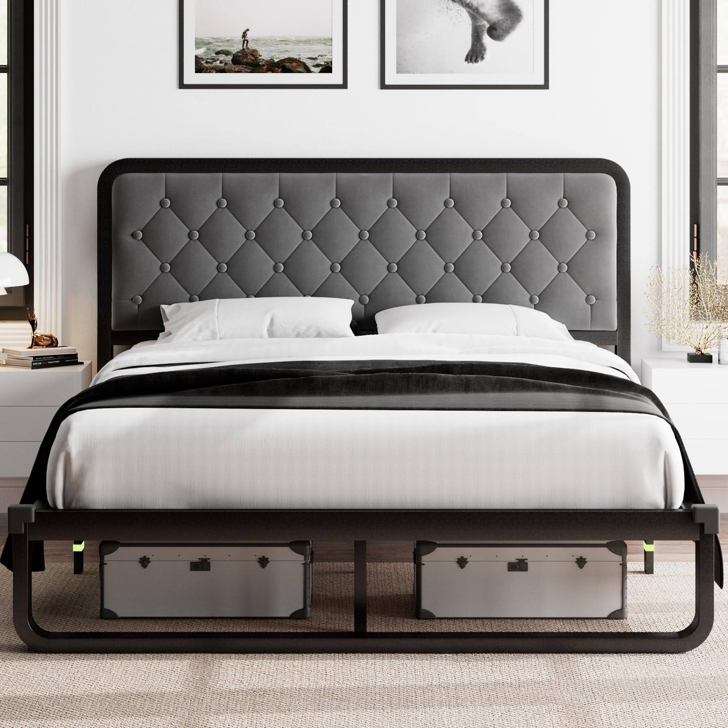 Twin Bed Frame, Upholstered Platform Bed Frame With Heavy-Duty Steel Slats, Diamond Tufted Headboard, 12 Storage Space, No Box Spring