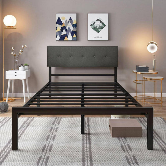 Upholstered Platform Bed Frame With Adjustable Headboard Metal Slat, No Box Spring Needed (Queen)