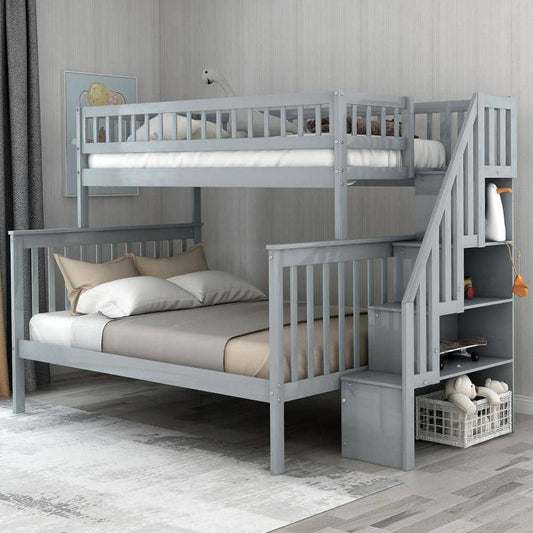 Bright Designs Gray Twin Over Full Stairway Bunk Bed With Storage And And Stairs For Kids