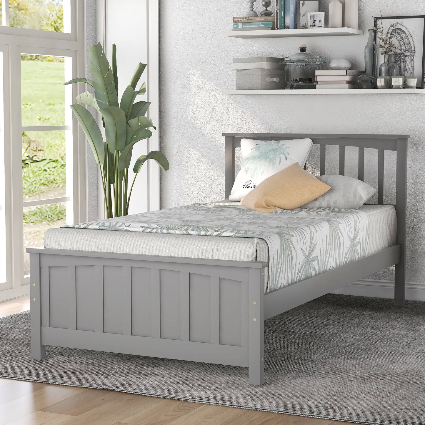 Twin Platform Bed,Solid Wood Platform Bed Frame With Headboard&Footboard,Gray