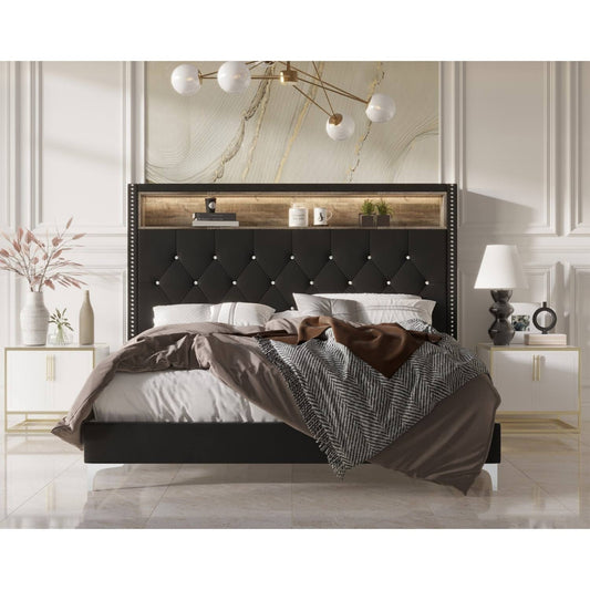 Upholstered Panel Bed - Black - King