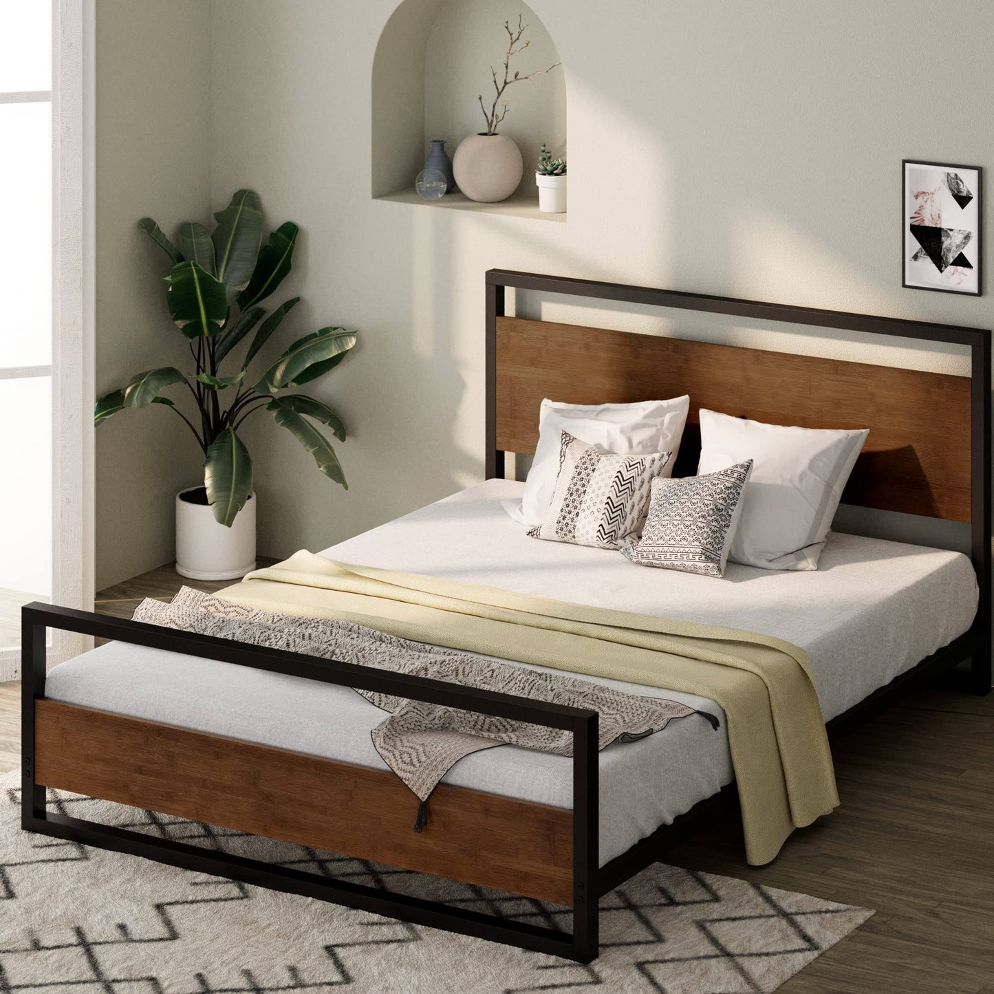 Suzanne Metal And Wood Platform Bed With Headboard And Footboard / Box Spring Optional / Wood Slat Support Twin