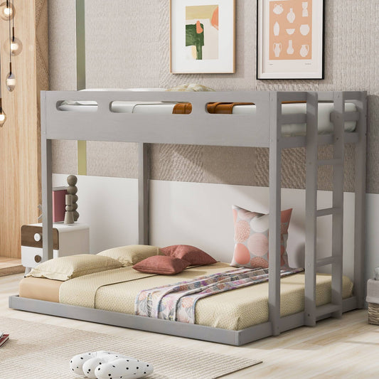 Wood Twin Over Full Bunk Bed, Low Profile Floor Bed With Ladder, Gray