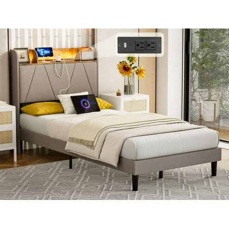 Twin Xl Bed Frames With Storage Shelf Headboard & Charging Station, Upholstered Platform Bed With Led Lights, Solid Wood Slats, Noise-Free, No