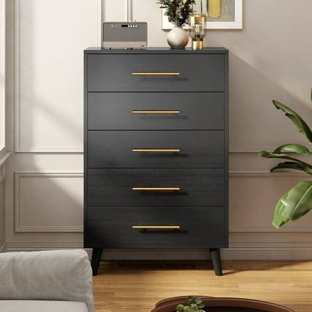 5 Drawer Dresser, Tall Wood Dresser,Black, Adult Unisex, Size: 15d X 28w X 47.5h